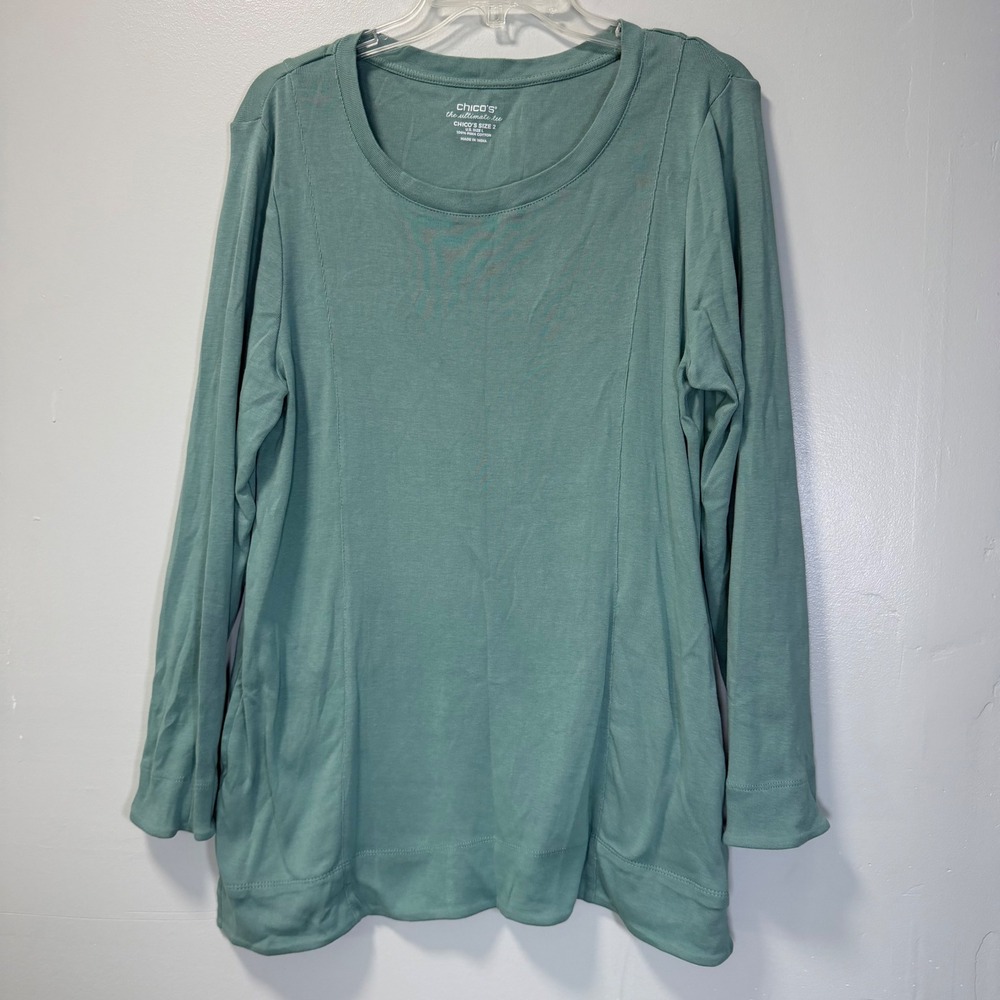 Chicos The Ultimate Tee Sage Green Pima Cotton Long Sleeve Pocket Top Size 2 L